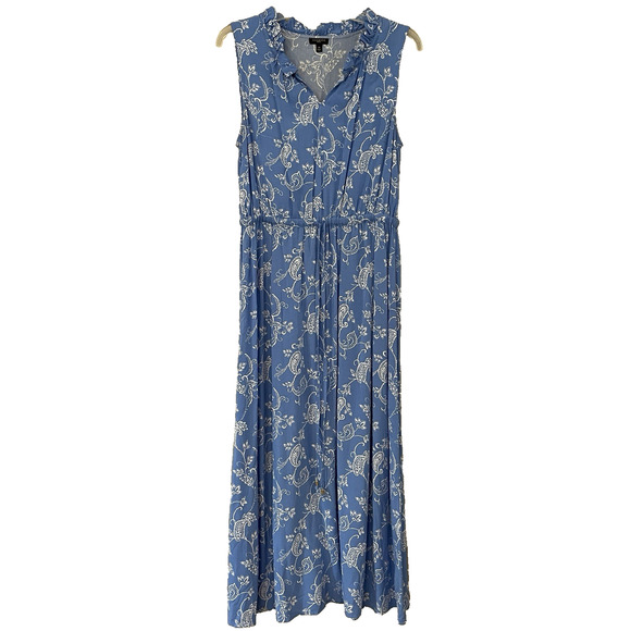 Talbots Maxi Dress Women 6 Petite Paisley Ruffle Neck Sleeveless Rayon Tie Waist - Picture 1 of 9